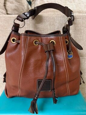 Dooney & Bourke Brown Pebbled Leather Drawstring Bucket Bag